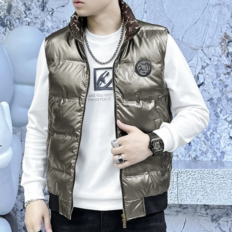 Winter Sleeveless Jacket Print Jackets 2023 Streetwear Korean Style Stand Collar Shinny Vest Slim Fit Coat Mens Vest 4 Colours