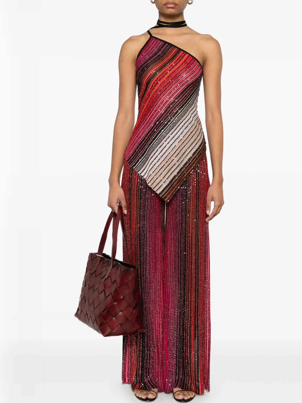 Spring Fashion Party Vintage Silver Wire Knitting Striped Wide Leg Pants Suit Women's One-Shoulder Diagonal Collar Tops+Trousers