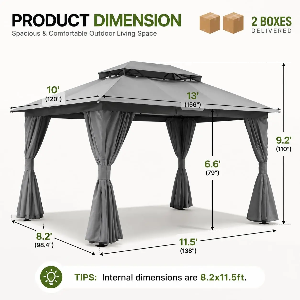 10x13ft Metal Gazebo Double Roof Mosquito Net Privacy Screen Heavy Duty Patio Tent Backyard Garden, Custom