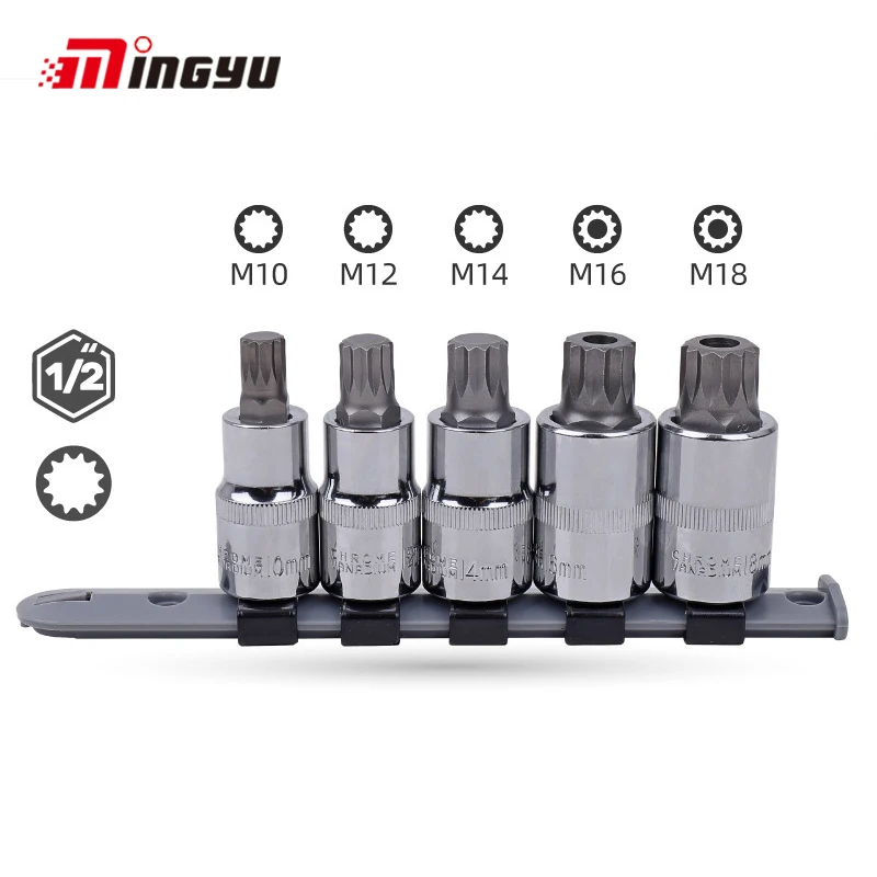 5pcs 1/2 Inch Drive 12 Points M10 M12 M14 Bit Socket Tools M16 M18 Wrench Head With Hole For Ratchet Bit Set