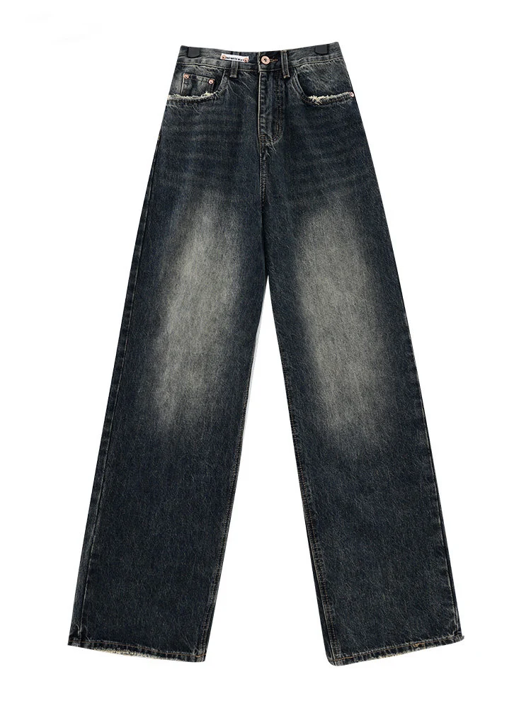 Jeans de cintura alta feminino, estilo Harajuku, retrô, solto na rua, perna larga, tubo reto, calça fina e solta, verão, Y2K