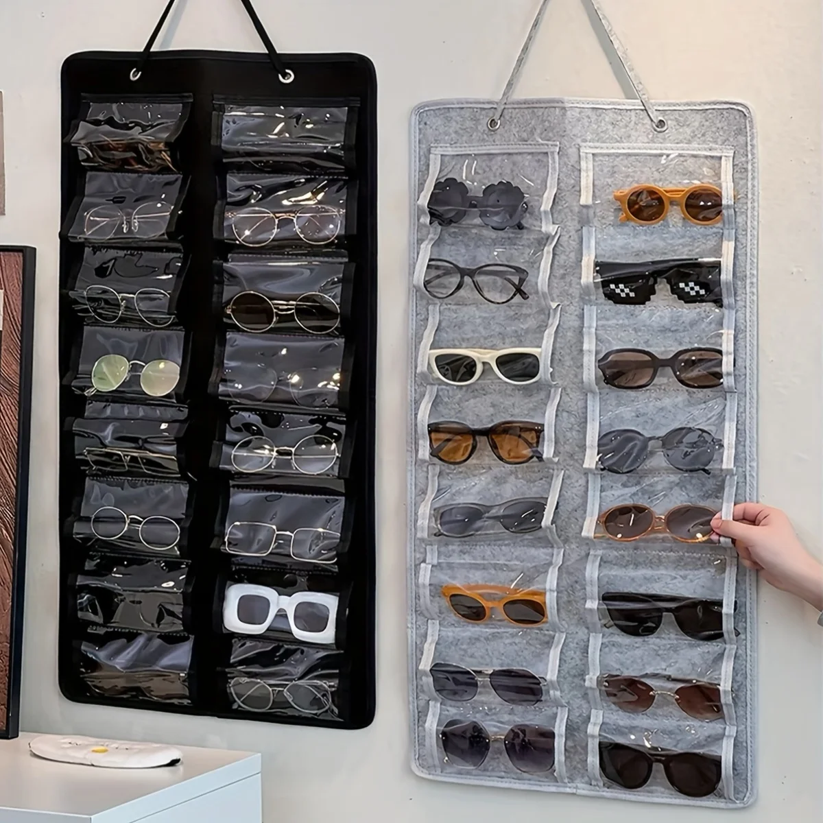 16Slots Felt Eyeglasses Stand Holder Dust Proof Wall-Mounted Pocket Storage for Sunglasses Glasses Display Hanging Bag Organizer