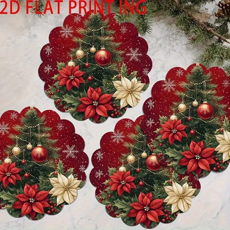 VIKAMA Crimson Poinsettia Orb Frost Placemat Scarlet Canvas Petal Edge White Blossom Amber Ball Fir Berry Xmas Table Mat Vibrant