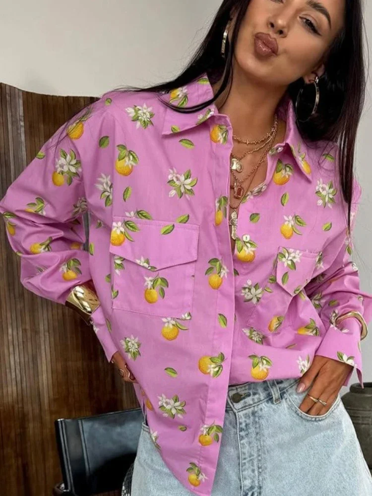 

Printed Casual Fashion Women's Shirt Turn-Down Collar Long Sleeves Pocket Loose Contrast Clothes For Women Autumn Shirts