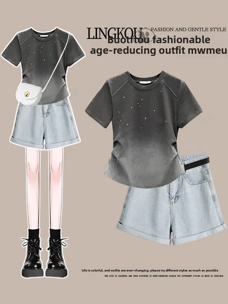 アンチエイジングサマーセットデザイン、アディエン・オルト・スヴェ・ティール（香港風スリムジーンズ付き）ツーピースセット（若い女性向け）