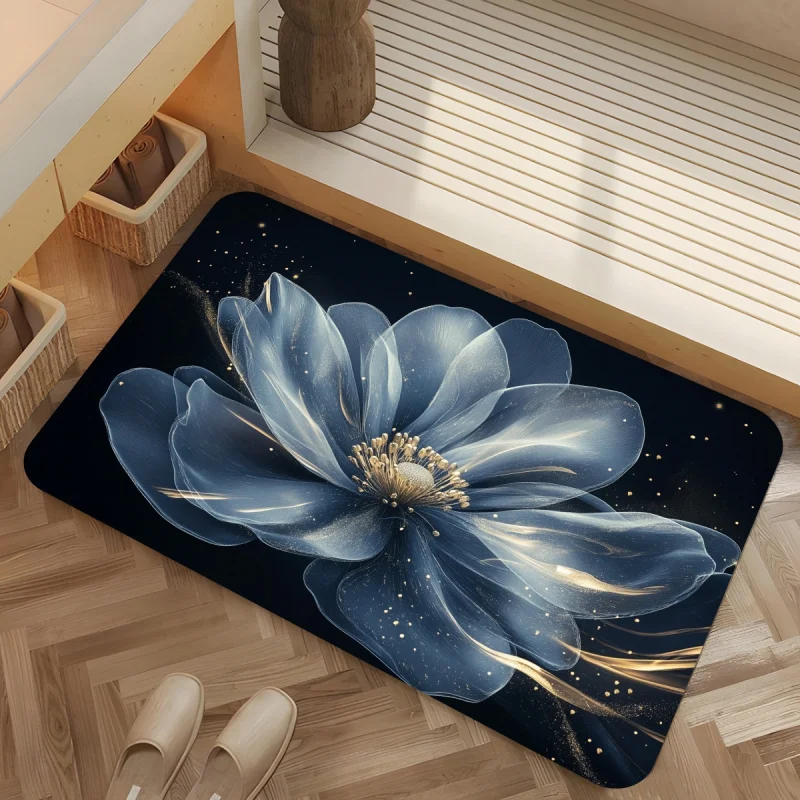 VIKAMA Blue Floral Print Non Slip Bath Mat Absorbent Quick Drying Soft Bathroom Shower Floor Home Decor Rug Supplies