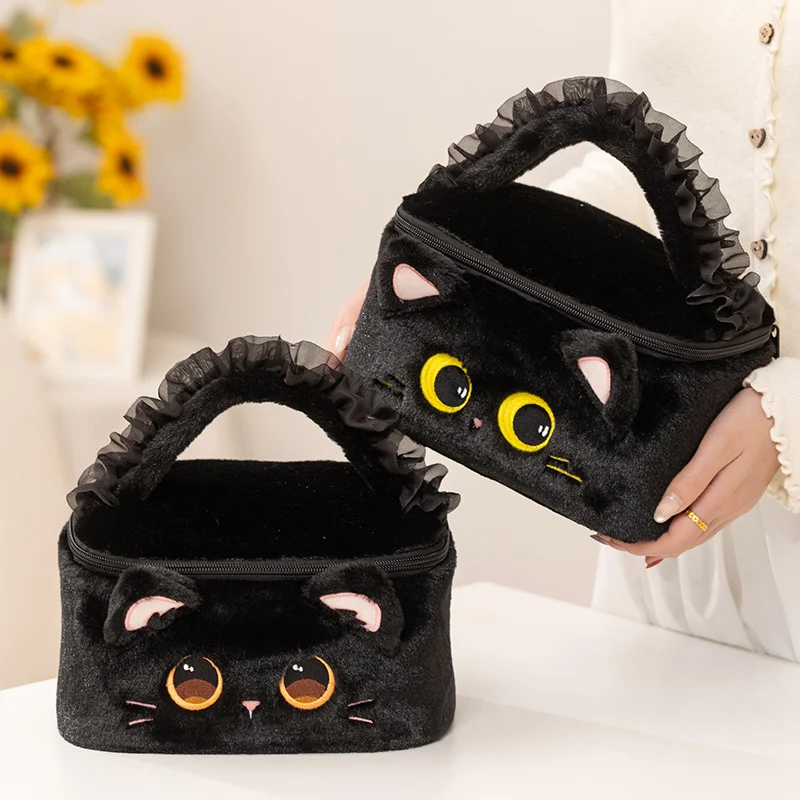 Black Cats Cosmetic Bag Plush Toys Storage Bags Adorable Stuffed Plush Animal Cat Handheld Package For Girls Birthday Gifts
