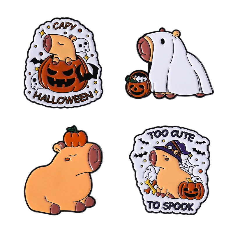 

Capybara Pumpkin Skull Ghost Enamel Pins Custom Too Cute To Spook Brooches Backpack Lapel Badge Halloween Jewelry Gift Friends