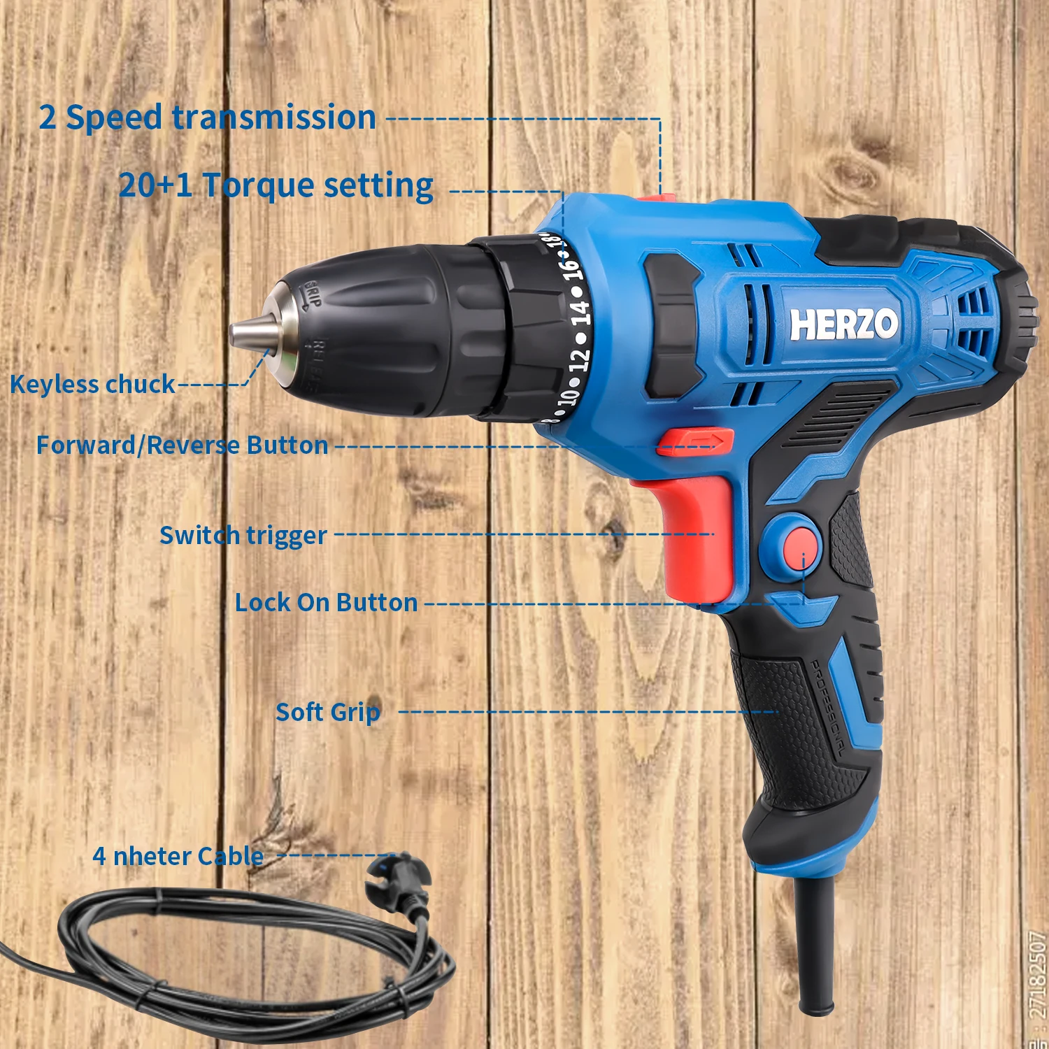 HERZO 300W Power Drill Corded 10MM Electric Drill Torque Screwdriver With Keyless Chuck Portable Power Tools HED30S