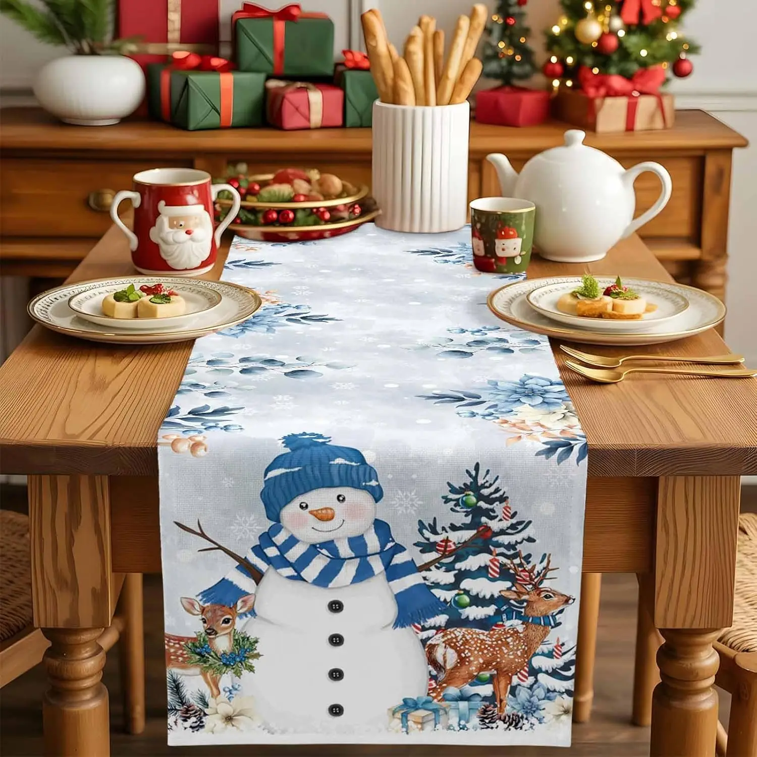 Christmas Snowman Elk Xmas Tree Table Runner Party Decor Reusable Winter Kitchen Dining Table Runner Christmas Decorations