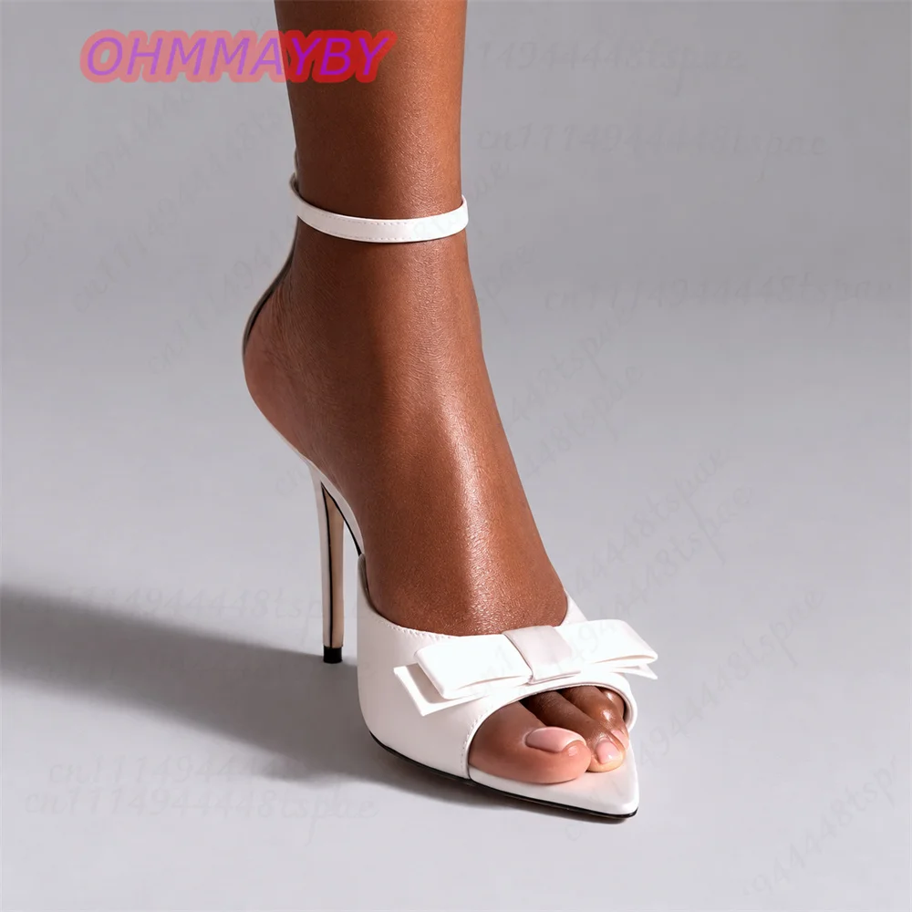 Women White Bow Pointed Toe Sandals Stiletto Heels Thin Ankle Strap Slingback Open Toe Satin Sexy Wedding Evening Bride Shoes 46