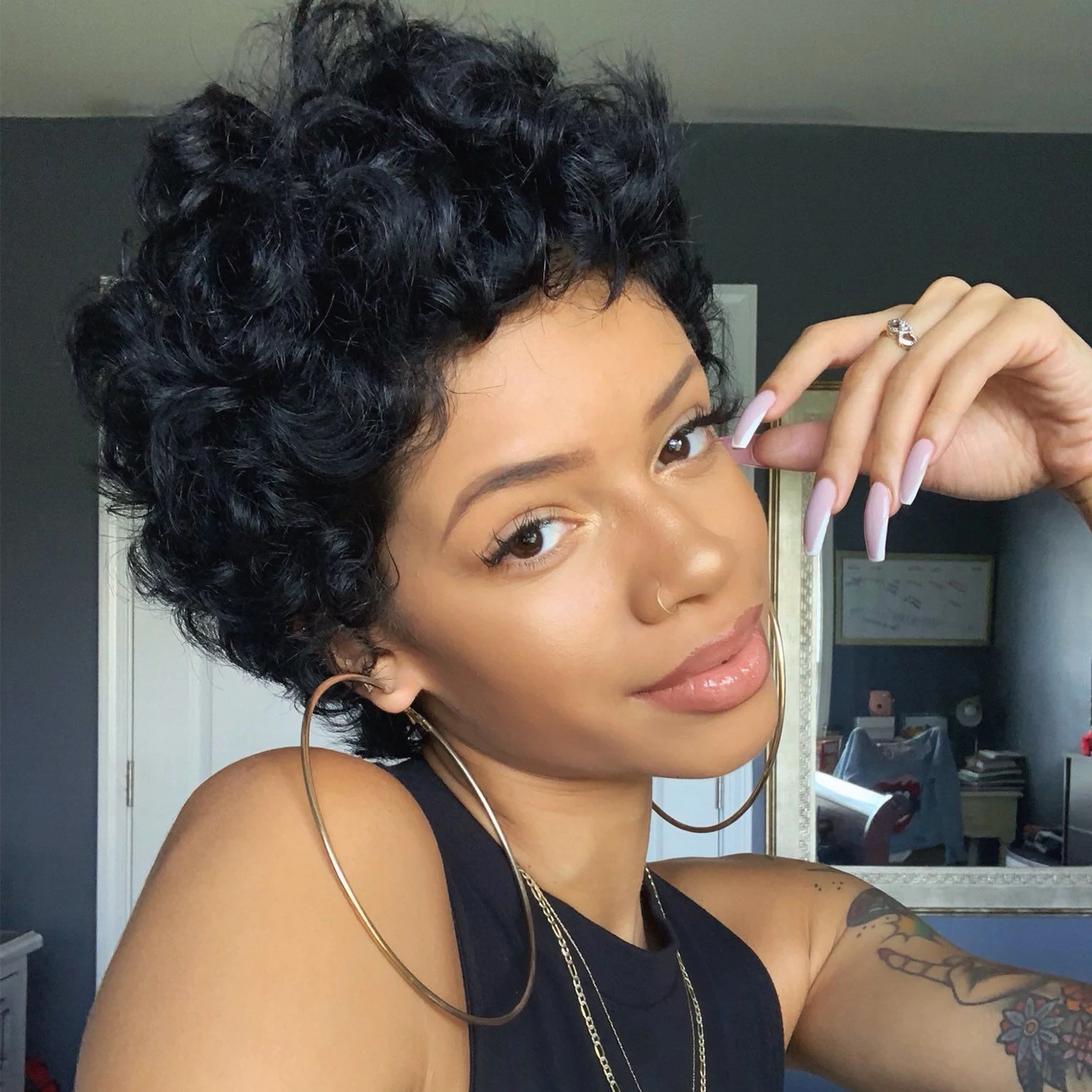 

Short Curly Human Hair Wigs For Women Short Jerry Curly Wig Natural Black Human Hair Pixie Cut Curly Machine Wigs With Bangs