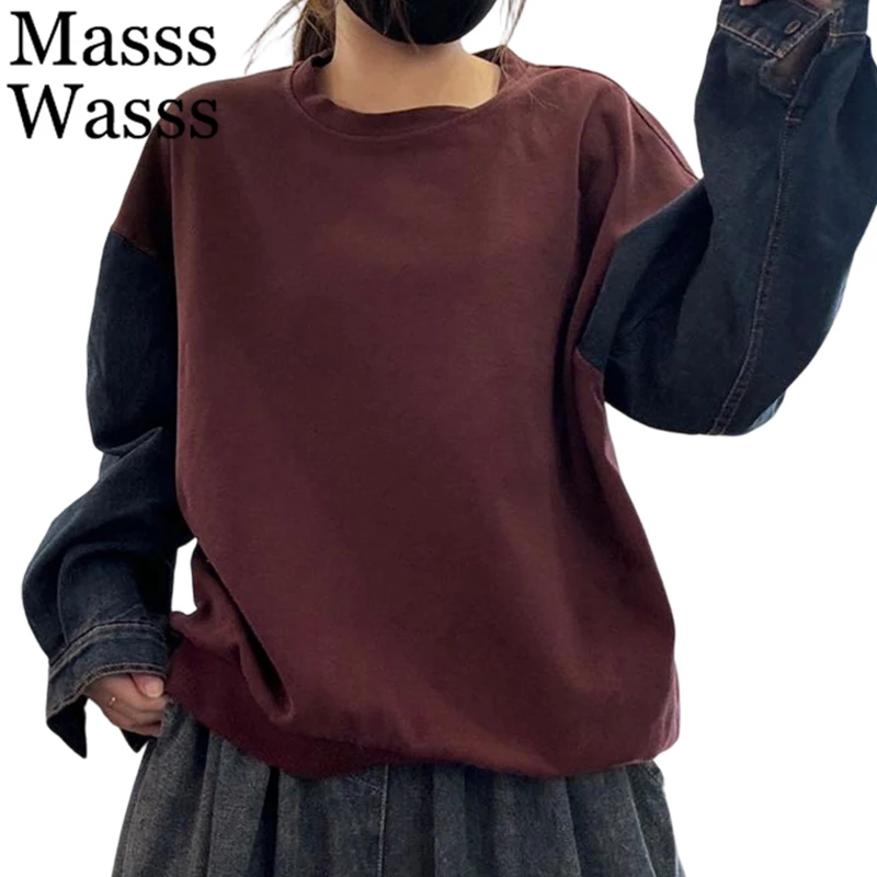 

Masss Wasss 2026, модные винтажные лоскутные джинсовые толстовки, женские весенние свободные толстовки для отдыха, женская классическая одежда с круглым вырезом