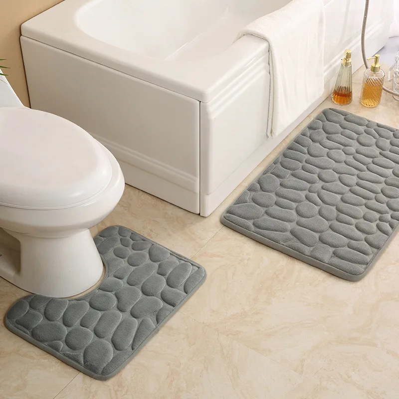 Cobblestone Bath Mat 2 Pieces/set Bathroom Non-slip Mat U-shaped Toilet Mat Elastic Memory Foam Absorbent Bath Rug SBR Non-Slip