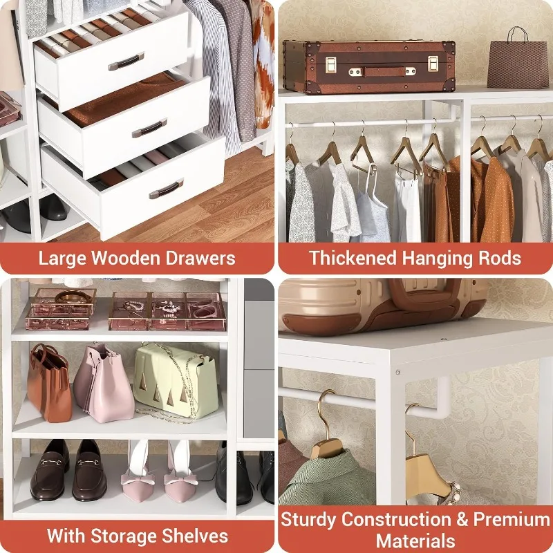 Aheaplus Wood Clothes Rack Wardrobe Closets for Hanging Clothes Heavy Duty Garment Rack, Large Corner L Shaped Closet System