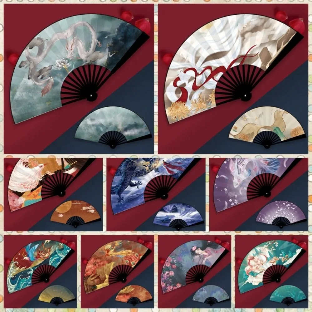 Oriental Mythology Taffeta Folding Fan ABS Plastic Handle Foldable Hand Fan Vintage Chinese Style Bamboo Fan Home Decor