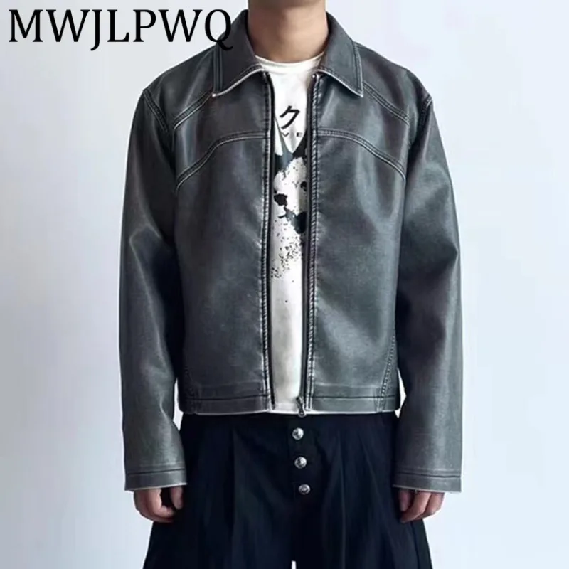 

MWJLPWQ American Style Personality Washed Vintage PU Leather Motorcycle Jacket Men's High Street Patchwork Casual Coat New 21299