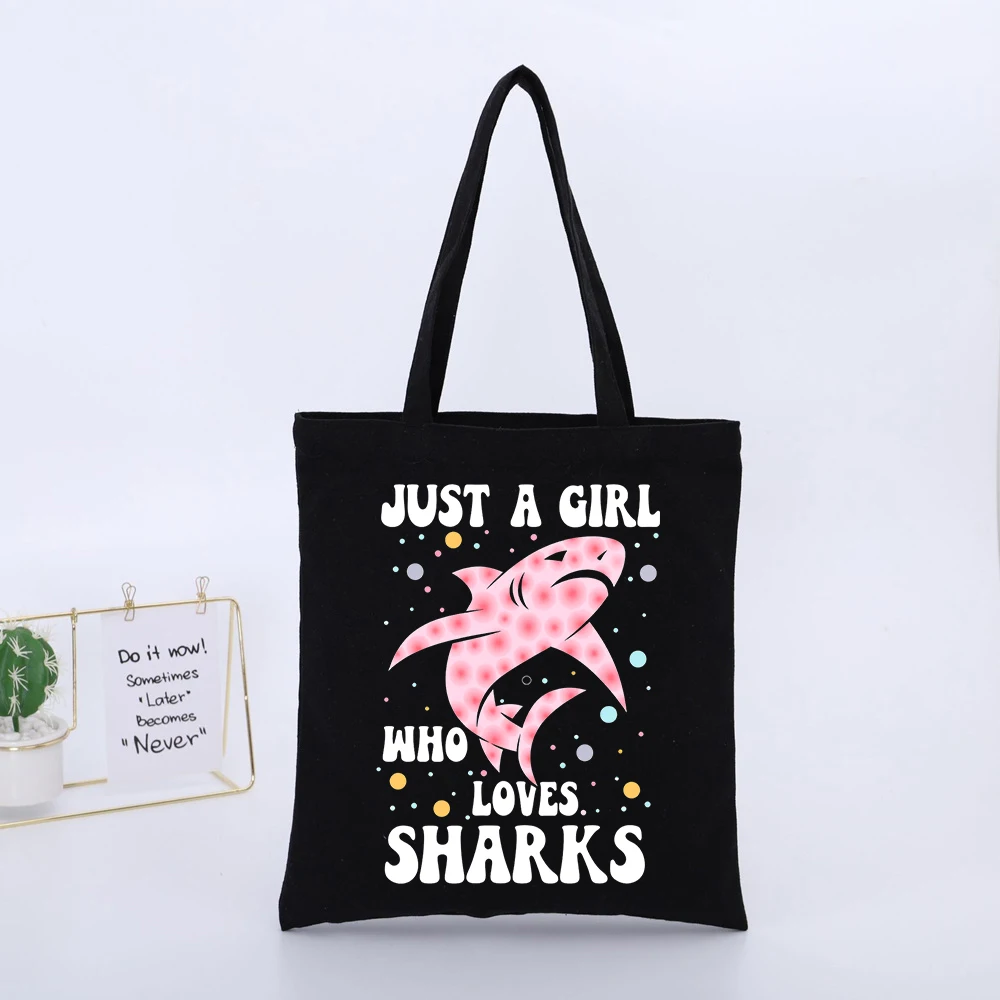 Shark Graphic Canvas Tote Bag with Slogan Print, Casual Style for Daily Shopping and Outings