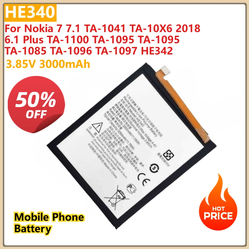 

Аккумулятор для телефона HE340 емкостью 3000 мАч для Nokia 7 7,1 TA-1041 TA-10X6 2018 6,1 Plus TA-1100 TA-1095 TA-1095 TA-1085 TA-1096 TA-1097 HE342