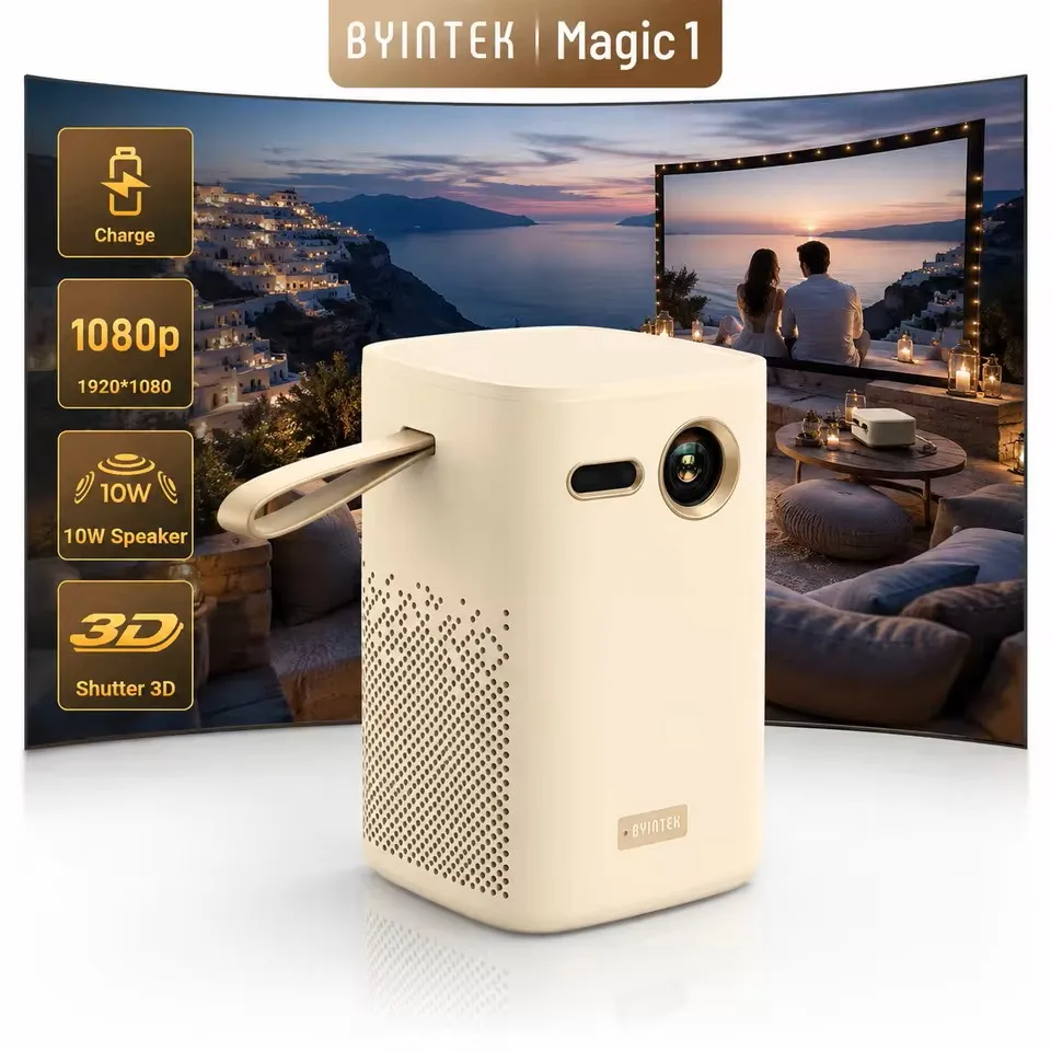 BYINTEK  Magic 1 Projector 1080P 300 Inch Home Theater Mini Projector Android 9.0 2G+32G WiFi Bluetooth 15000mAh Battery