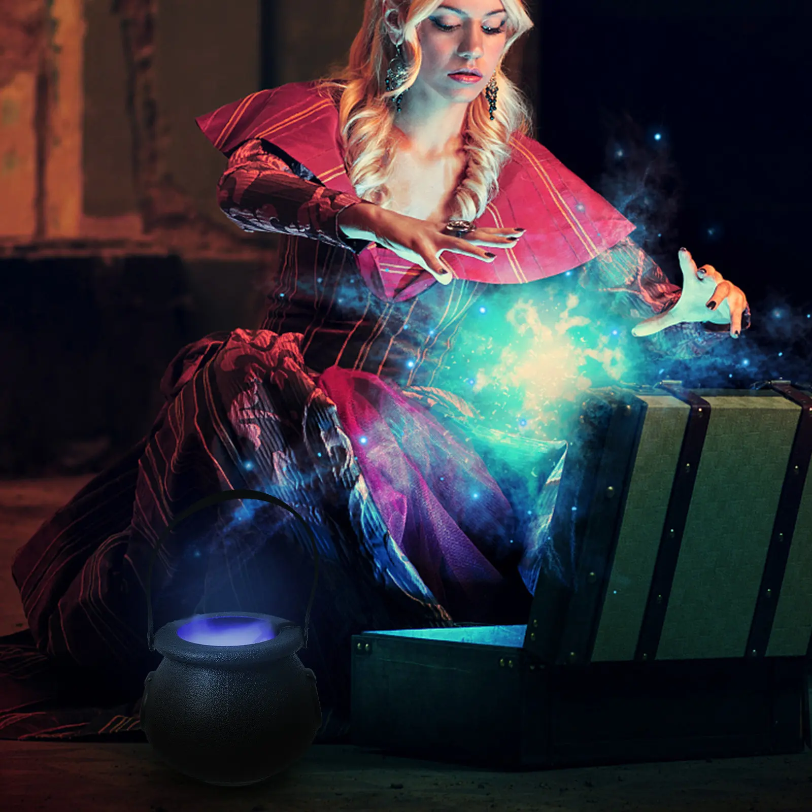 1Set LED Halloween Fog Maker Plastic Witch Kettle Mist Generator with Colorful Lights Low Water Auto Shut Off for Carnival Decor