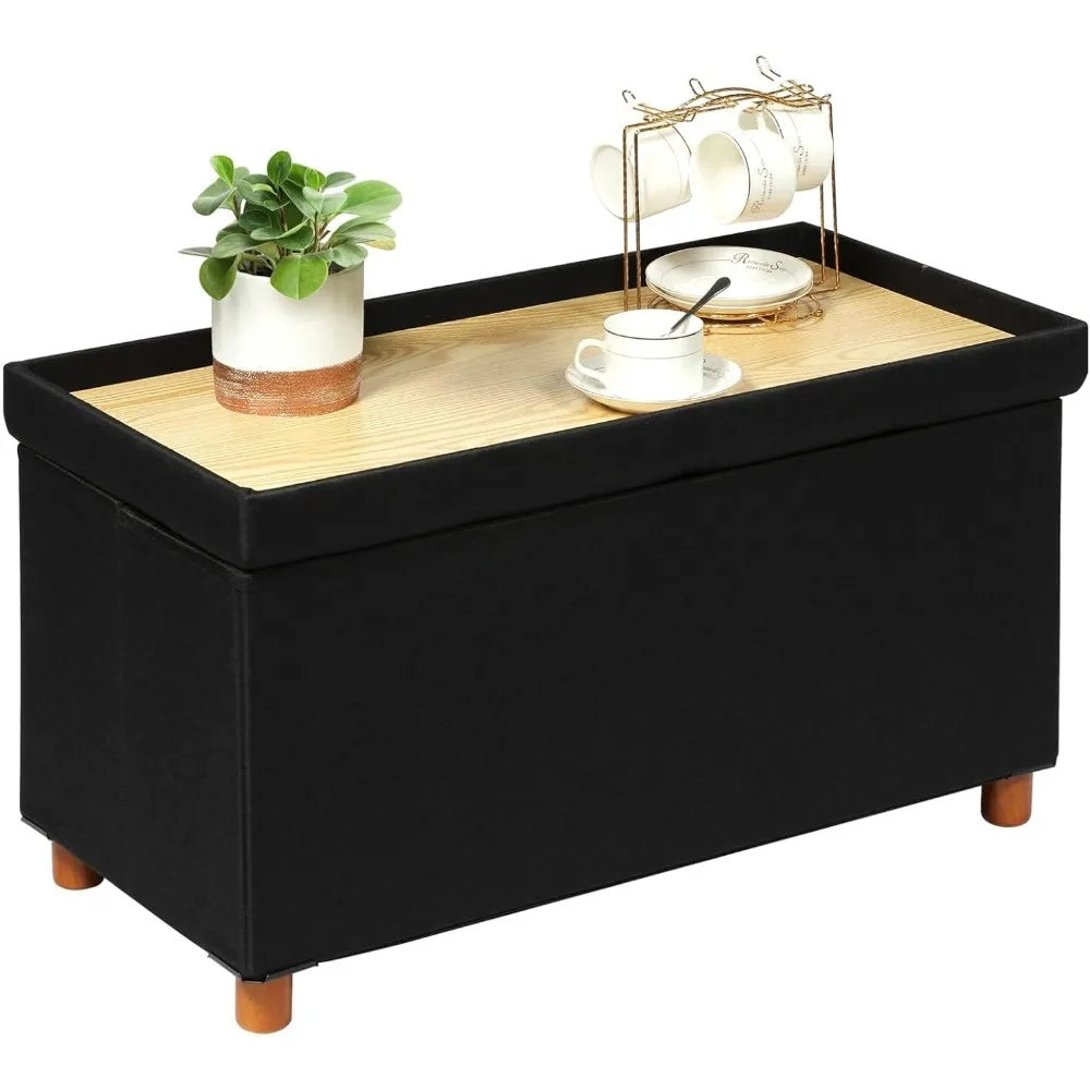 

Storage Ottoman with Tray, Foot Stools and Ottomans with Legs, Storage Cube Seat Linen Black 30"