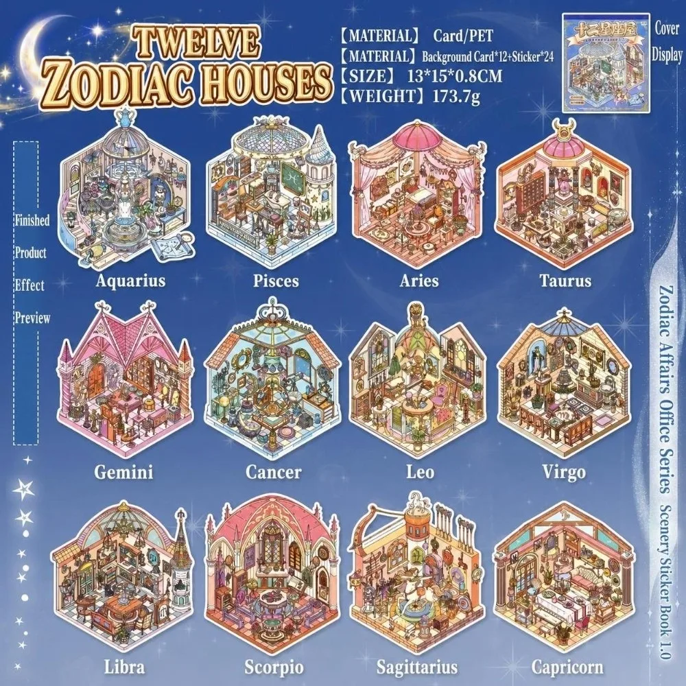 12 Constellation 3D Miniature Scene Stickers Decorative PET Landscape Sticker Book Collage Stress‑relief DIY Cabin Scene Sticker