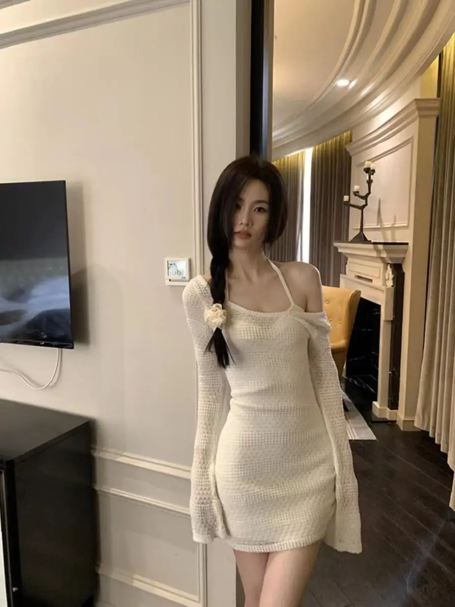 

Pure Desire Spicy Girl Inner Wear Neck Hanging Strap Dress Hollow Knitted Cover up Skirt Two Piece Set Slim Fit Short Skirt