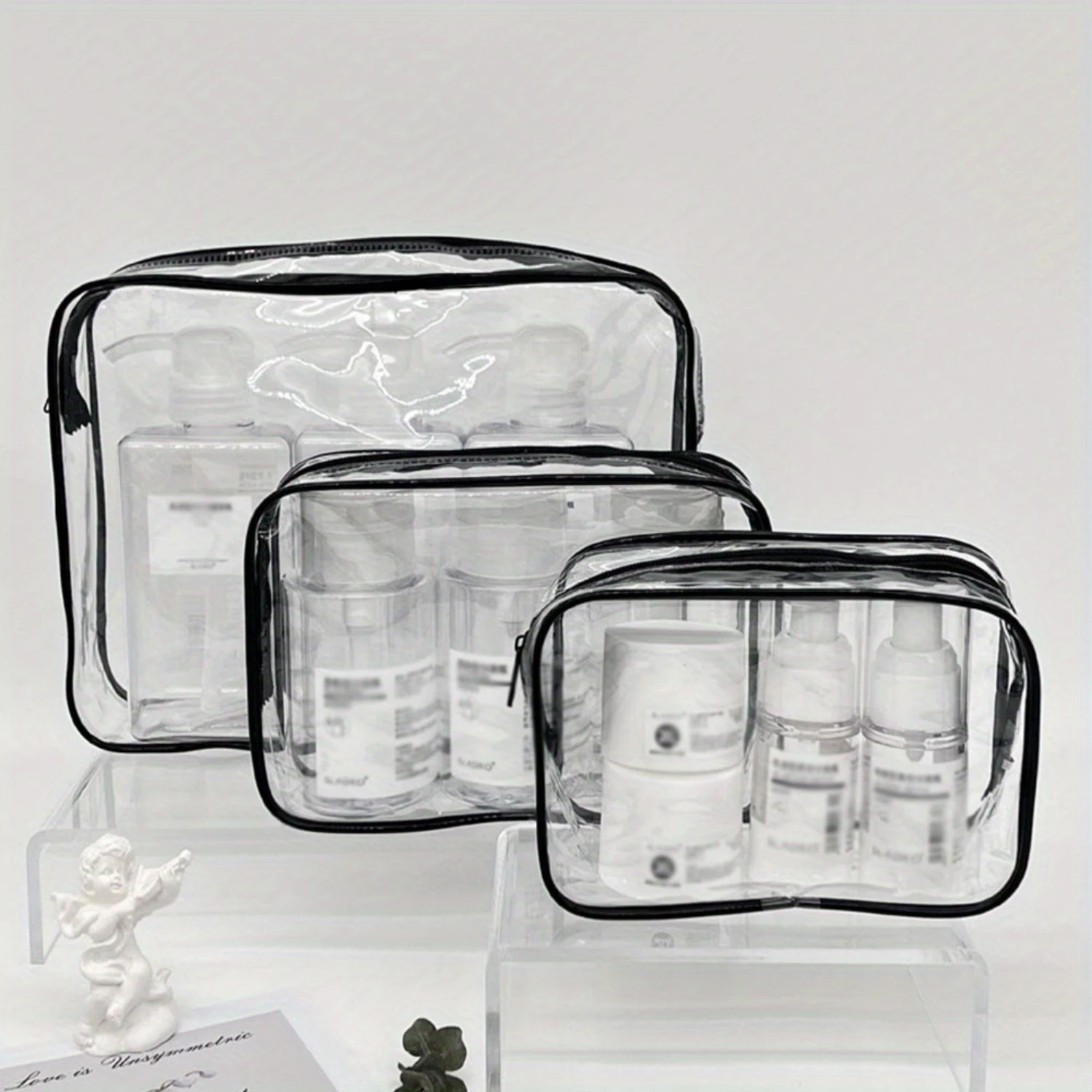 3pcs/set Simple Transparent Travel Zipper Makeup Pouches, Lightweight Versatile Toiletry Wash Bags For Women