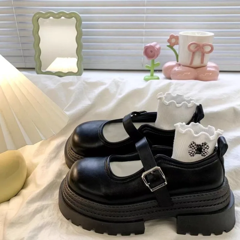 Women Black Patent Platform Mary Jane Shoes Gothic Lolita Chunky Heel Buckle Strap Uniform JK Student Shoes