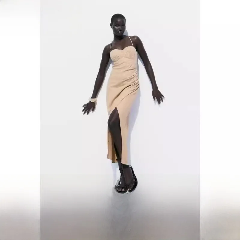 

Новое летнее женское льняное платье миди 2024 с V-образным вырезом, на длинных бретелях, А-силуэт, повседневное, комфортное, дышащее, для женщин