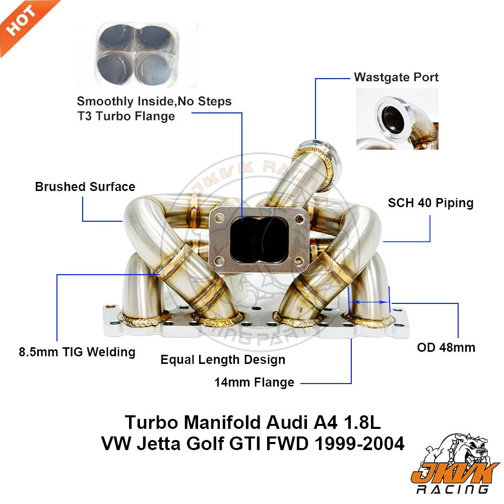 

JKVK RACING Brushed 3mm Steam Pipe T3 Turbo Manifold For A4 1.8L Go lf G TI FWD 1998-2005