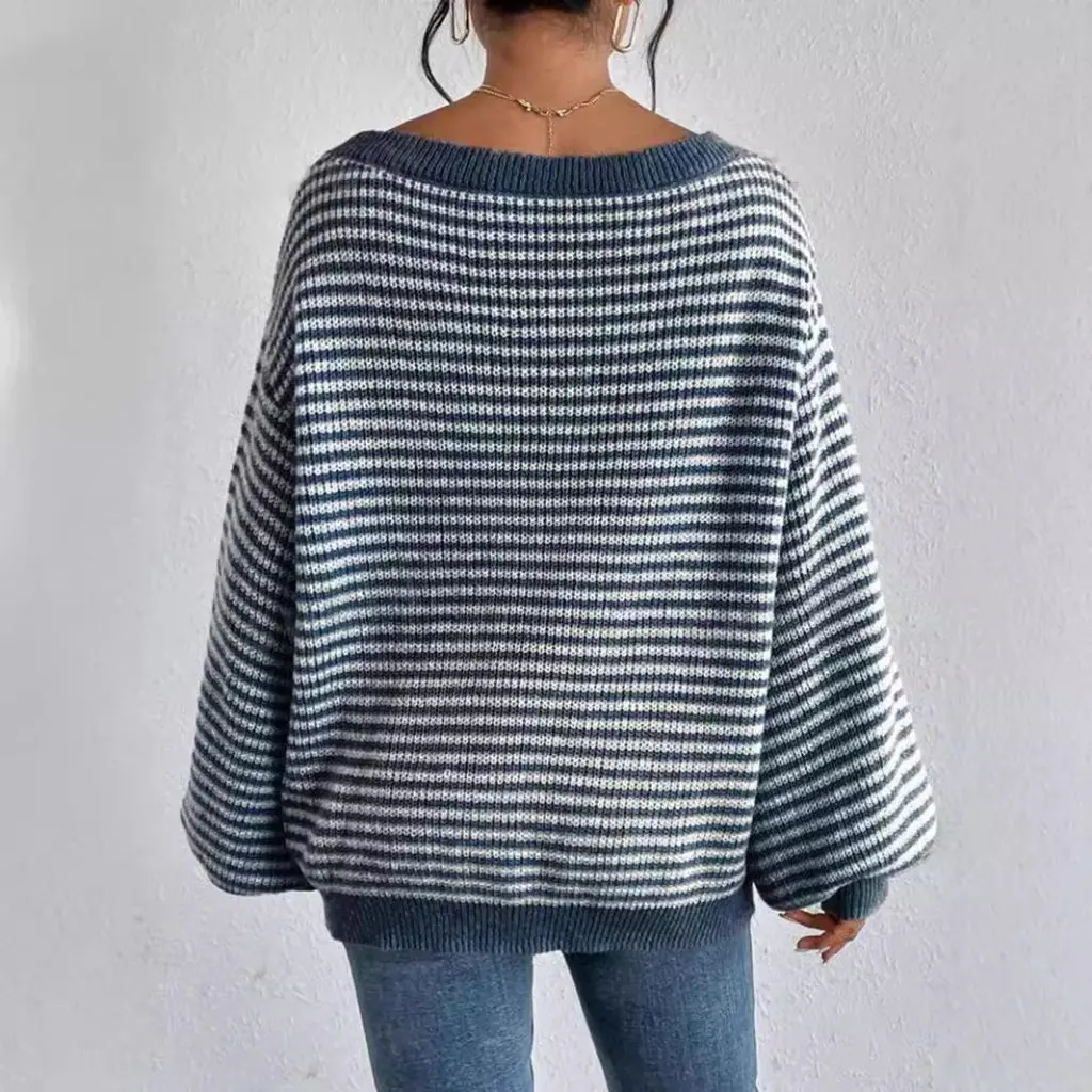 

Autumn Winter Loose Striped Sweater One-Character Collar Thin Shoulder Sleeve All-Match Fashion Women's Top