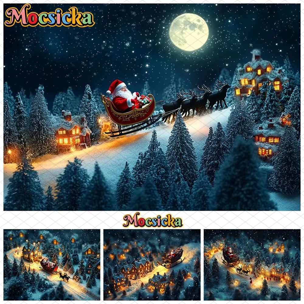

Mocsicka Christmas Photography Background Night Moon Snow Gift Forest Tree Decor Santa Claus Baby Photo Backdrop Festival Banner