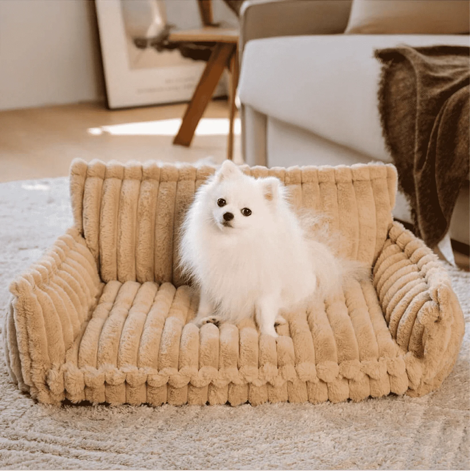 Luxury Trendy Striped Faux Lambswool Double Layer Orthopedic Dog Sofa Bed Soft Rectangle Plush Material