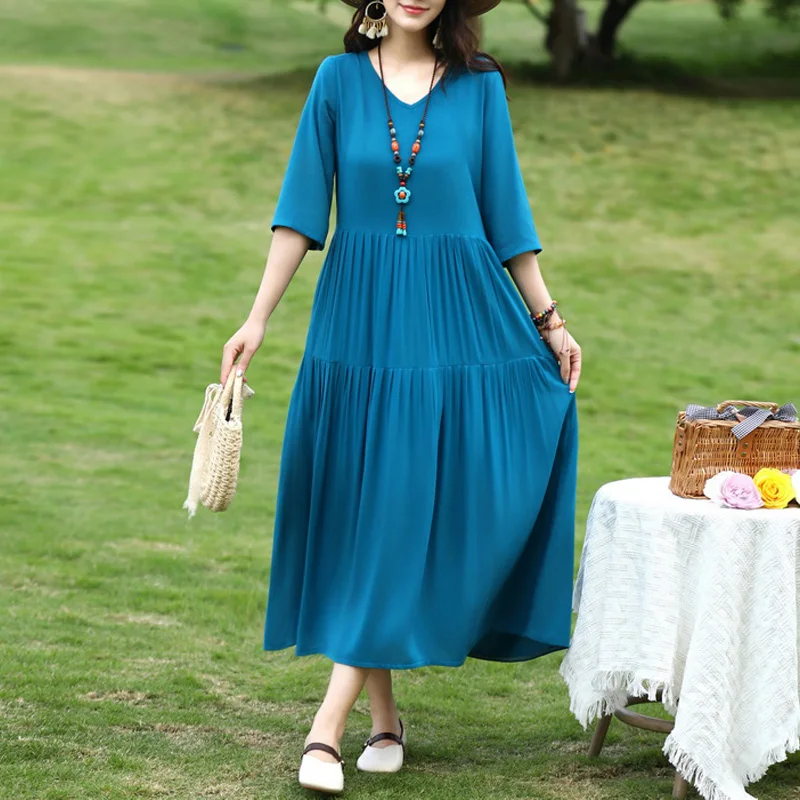 Neue Mode Lässig 2025, Sommer Kleider Für Frauen Vintage Kurzarm Oansatz Druck Lose Blumen Kleid plus größe Frauen Kleidung