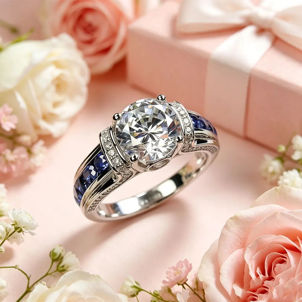 

925 Silver 2Ct Round Moissanite Ring Blue Side Stone Bridal Wedding Band For Women Festival Gift The Best Gift for Her