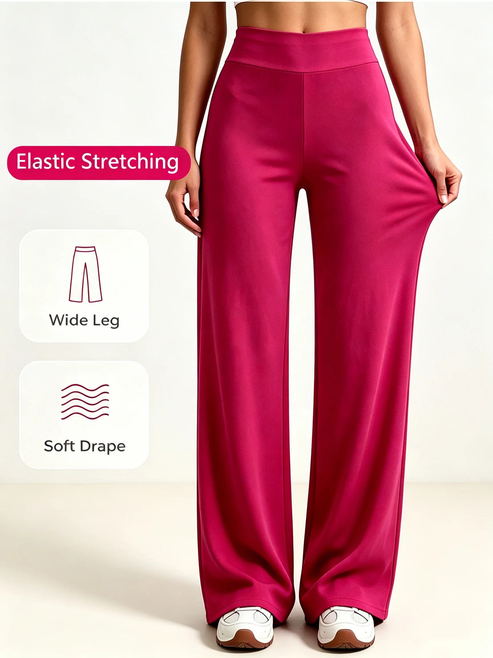 Elegant High Waist Wide Leg Flowy Pants for Women Elastic Stretch Soft Draped Casual Office Loose Straight Long Trousers
