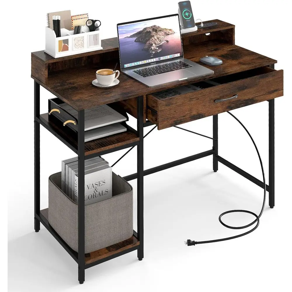 

42 Compact Computer Desk with Charging Station, Monitor Stand, Storage Shelves, Ideal for Small Spaces, Home Office, Rustic Brow