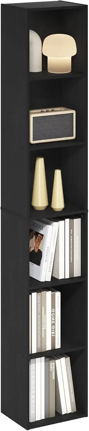 

Высокая современная книжная полка с 6 ярусами, открытые полки, 9.3x12x71 дюймов, для гостиной, спальни, домашнего офиса, цвет черное дерево