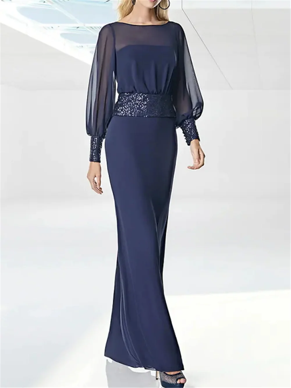 

Sheath / Column Mother of the Bride Dress Elegant Jewel Neck Floor Length Chiffon Sequined Long Sleeve with Sash