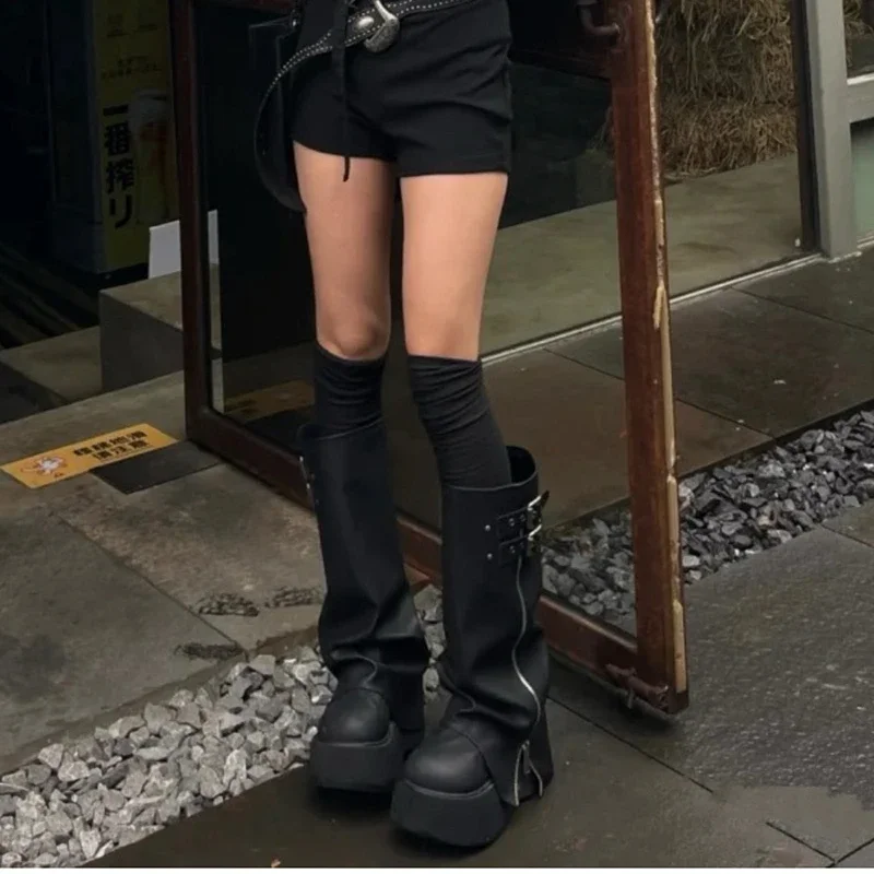 Winter Women Biker Boots Fashion Belt Buckle Ladies Platform Wedge Heel Long Pipe Booties Casual Women\'s Knee High Booties