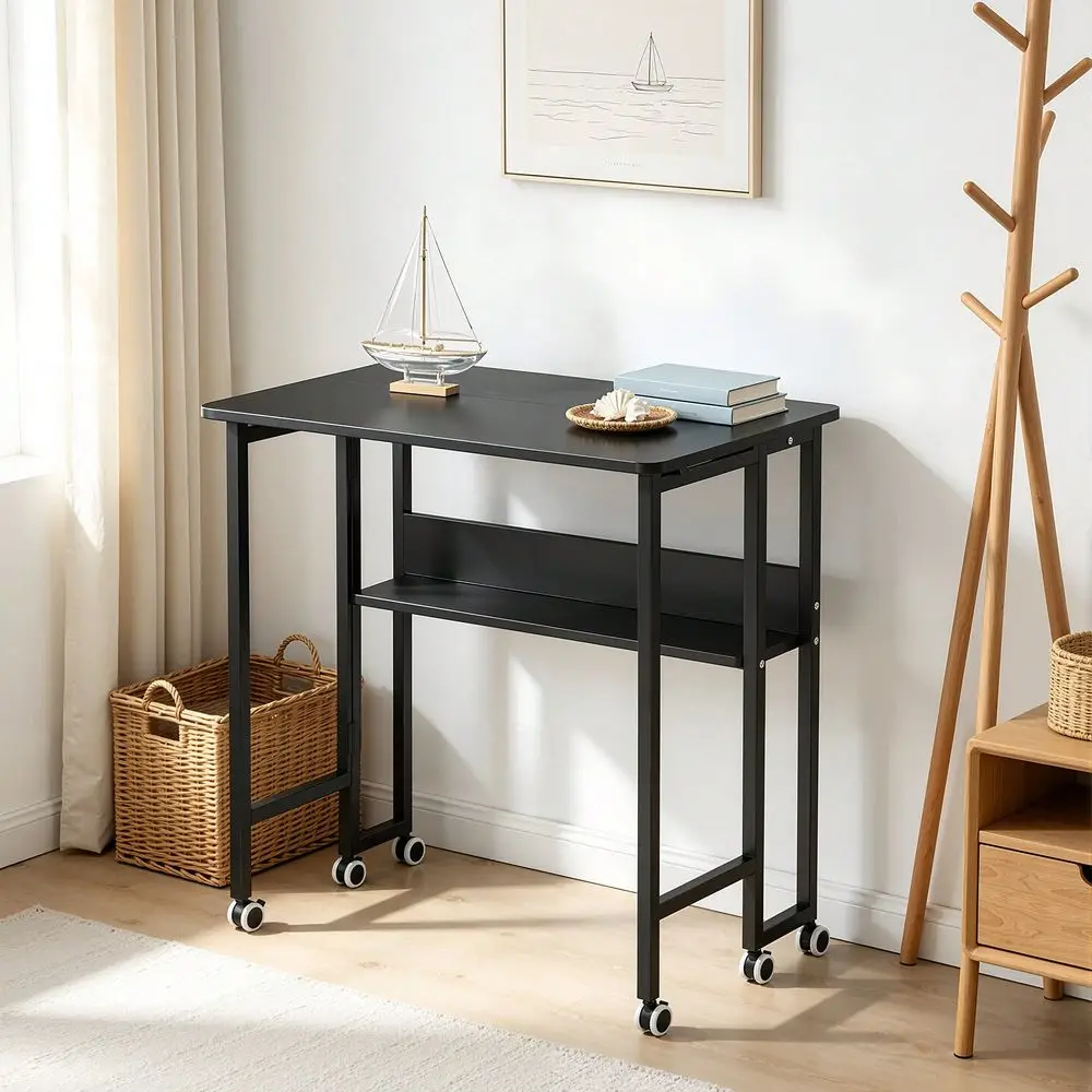 Mobile Computer Desk With Side Storage Rack And Rolling Casters, 24.8 Foldable Laptop Table For Small Apartment Home Office.