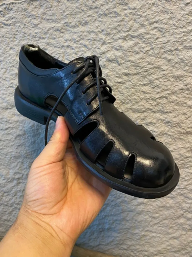 Fashion Lady Roman Style Breathable Hollow Out Leisure Horsehide Genuine Leather Footwear Comfortable Lace Up High Heels Sandals