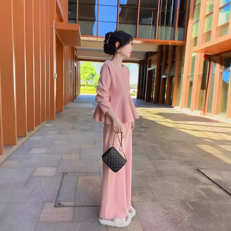 

Модный круглый облегающий свитер и широкие брюки, комплект осень-зима, новый вязаный комплект из двух предметов E12261