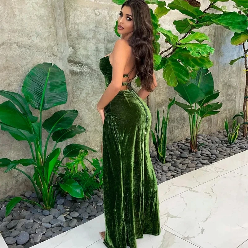 Women  Elegant Party Side Slit Backless Bodycon Sexy Prom Dress Outfit Lace Up Green Velvet Strap Maxi Dress For