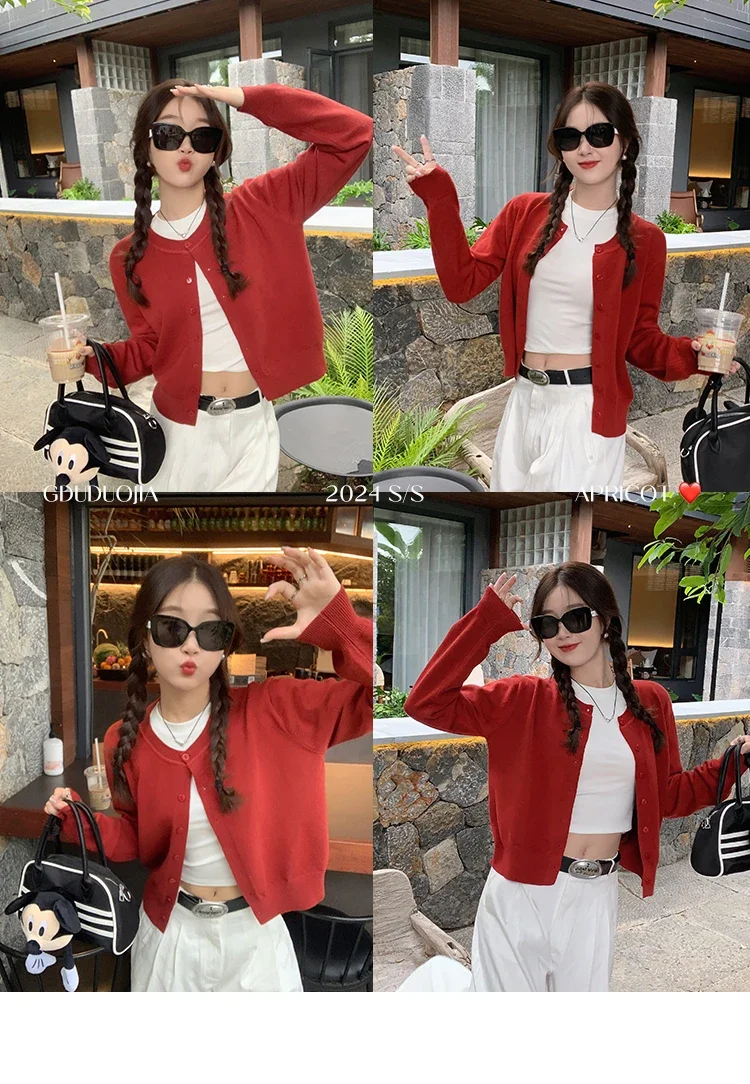 AOSSVIAO 2026 Damen Langarm-Cardigan mit Rundhalsausschnitt und Knopfleiste, gestrickter Einreiher für Herbst und Frühling – Detail 11