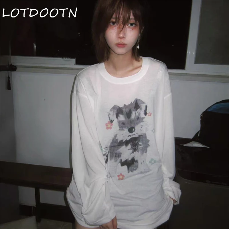 

LOTDOOTN Y2K 2000s Harajuku Dog Print Long Sve T-shirt Women's Loose Fit Summer New Sle Korean Sle Casual Top Crew Neck T-shirts