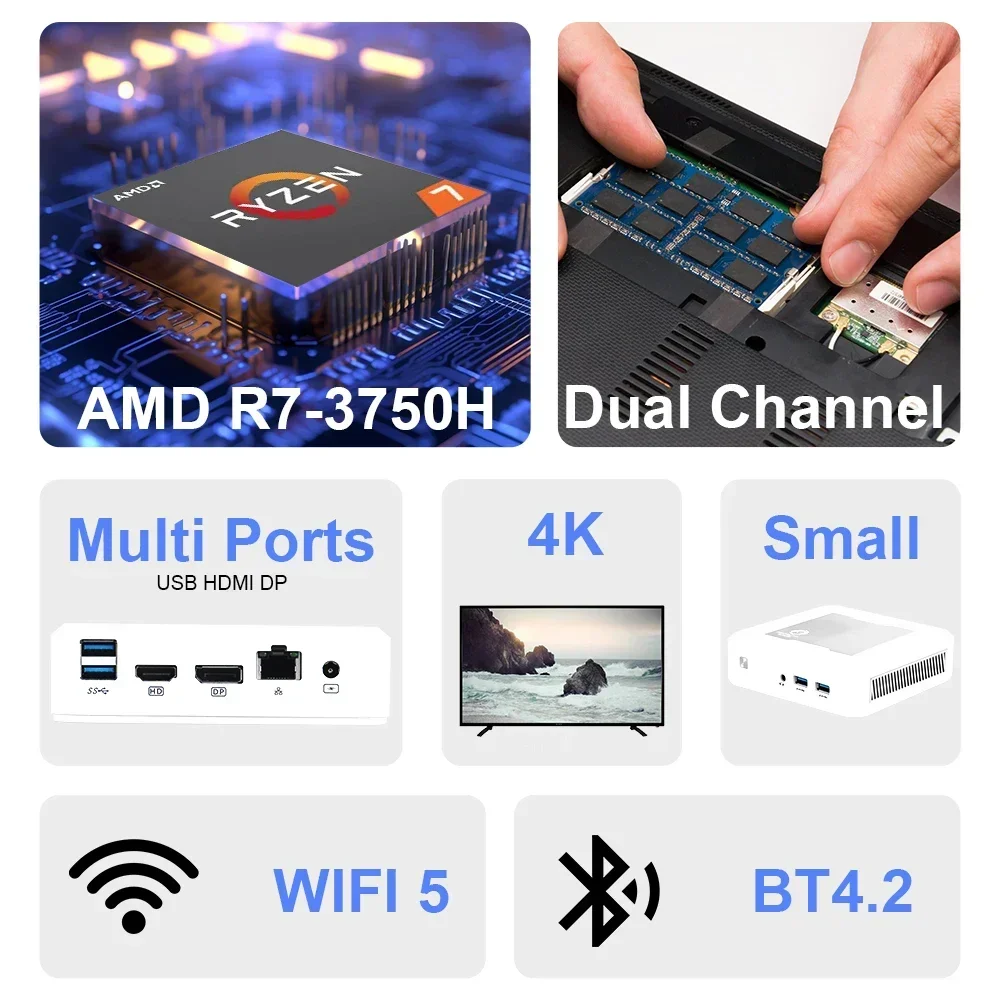 SZBOX AMD Ryzen 7 3750H MINI PC Windows 11 DDR4 NVME SSD WIFI5 BT4.2 1000M LAN Desk Gaming Computer