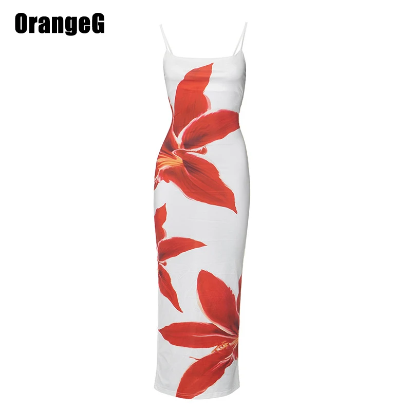 Orange große Blume Spaghetti träger Bleistift langes Kleid Frauen Bodycon sexy Clubwear Beach wear Urlaub ärmellosen Sommer